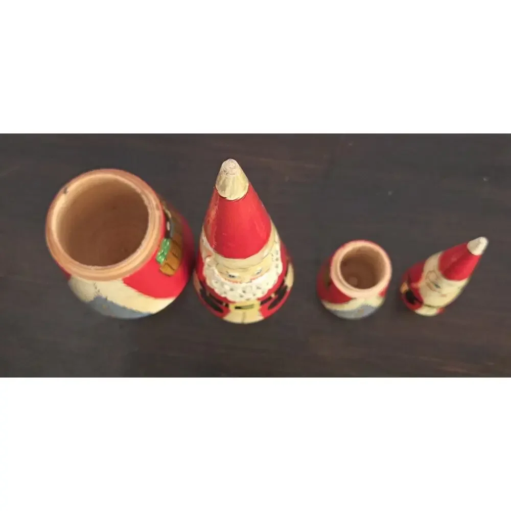 Vintage Nesting Santa Claus Dolls Cone Shape 2 Pc Wooden Carved 8